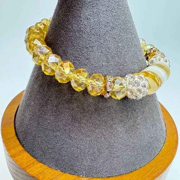 Gemstone Yellow Glass Bead White Crystal Rondel Stretch Bracelet Fashion One SZ - Picture 6 of 10